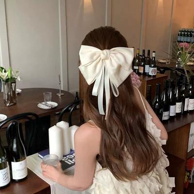 1Pc Summer Huge Bow Hair Clip Long Streamer Duck Billed Clip White Large Bowknot Satin Hairpin Elegant And Sweet Hair Accessory