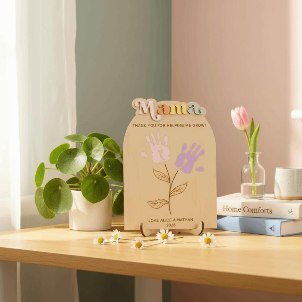 Handbemalte Muttertags-Plakette Ornament Geschenke für Mama DIY Handabdruck Schild 2D Flache Dekoration Holzblumen-Bastelarbeit Muttertag