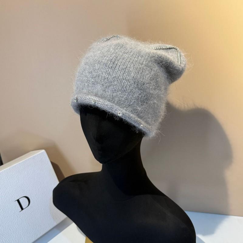 High Quality Diamond-embellished Rabbit Fur Beanie Winter Warm Knit Hat With Ear Flaps