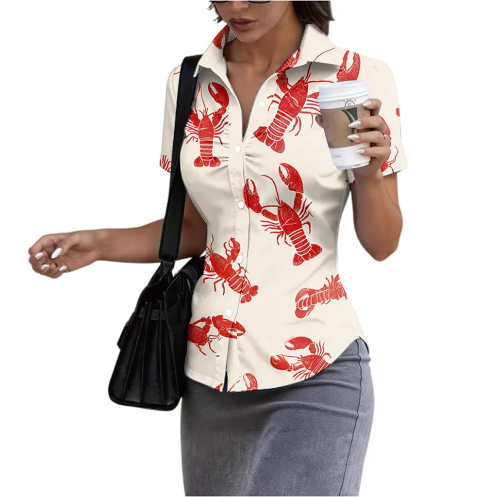 Damen Kurzarm Hemd mit Knöpfen Slim Fit Hummerdruck mit Kragen Sommer Bluse Leichtes Lässiges Oberteil für den täglichen Gebrauch