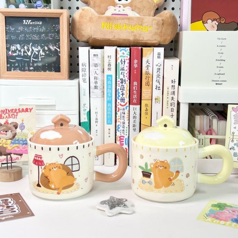 Cupa ceramică pisică drăguță de desene animate cu capac cuplu băiat și fată cană de birou cupă de băut cadou de ziua de naștere