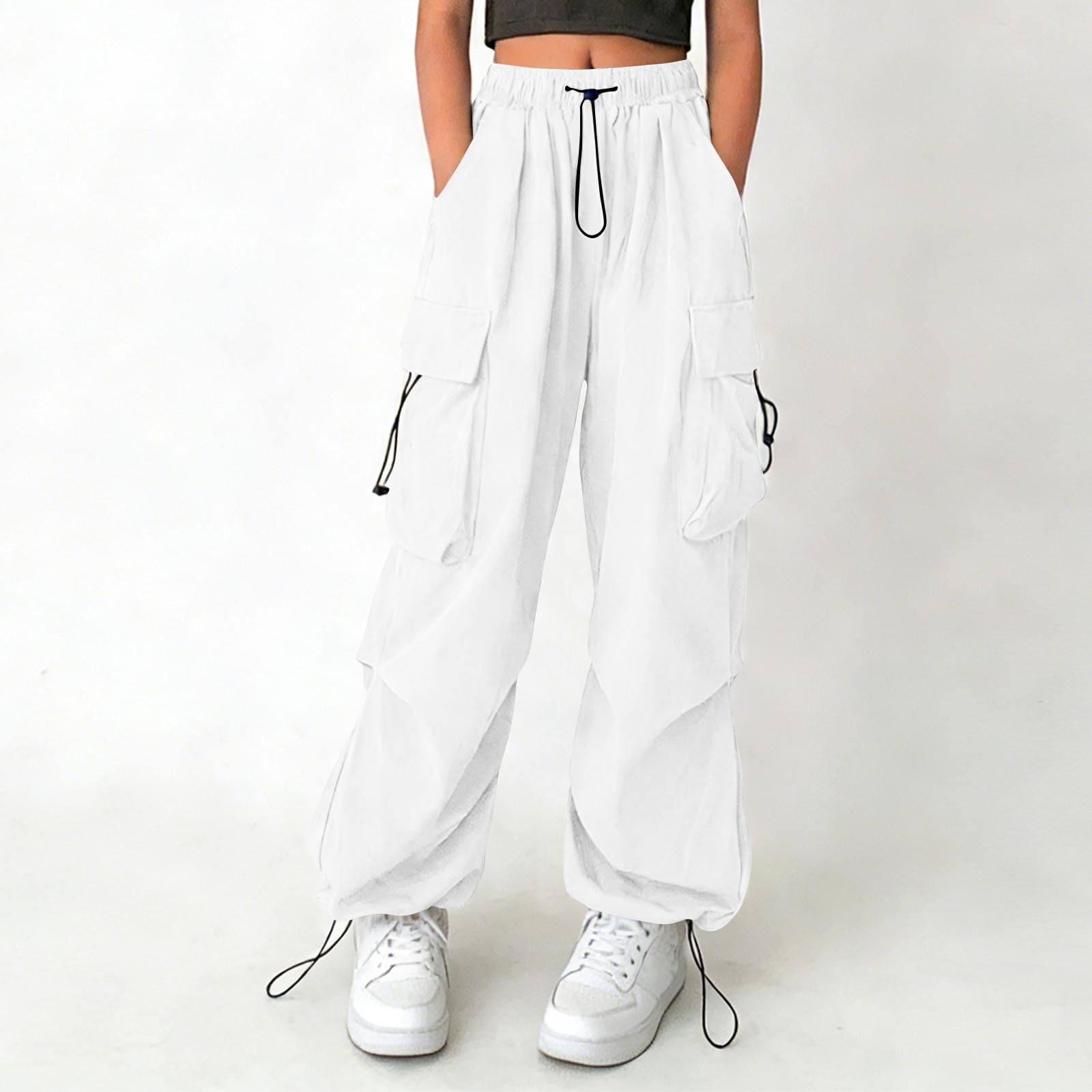 

Children s Loose-Fit Workwear- Long Pants With Drawstring, Wide-Leg, Casual, High-Waisted 170 білий