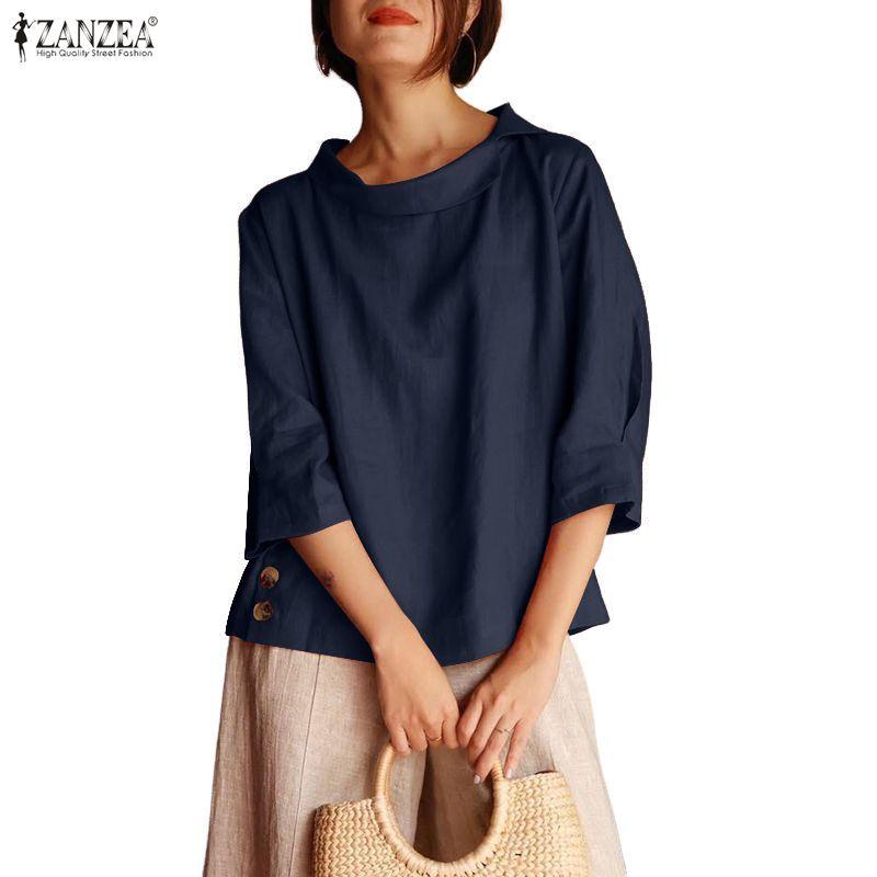 ZANZEA Women Casual Round Neck Solid Color Loose 3/4 Sleeve Blouse