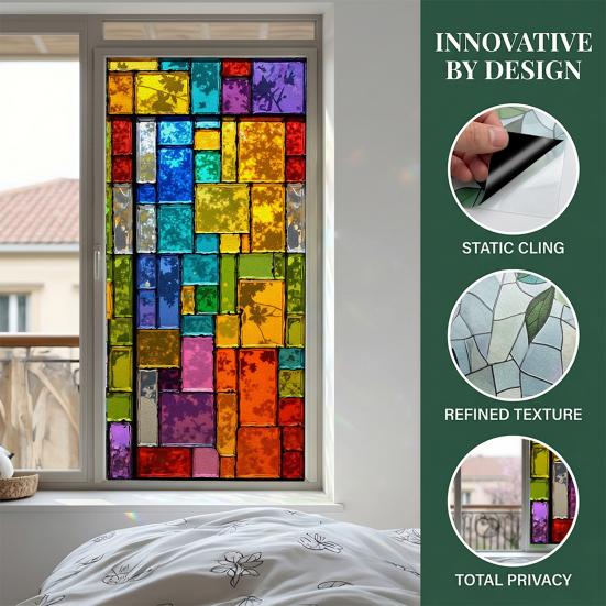 Static Cling Window Film, Full Blackout, Colorful Geometric Privacy UV Blocking, Reusable Heat Insulation Window Sticker for Home Office