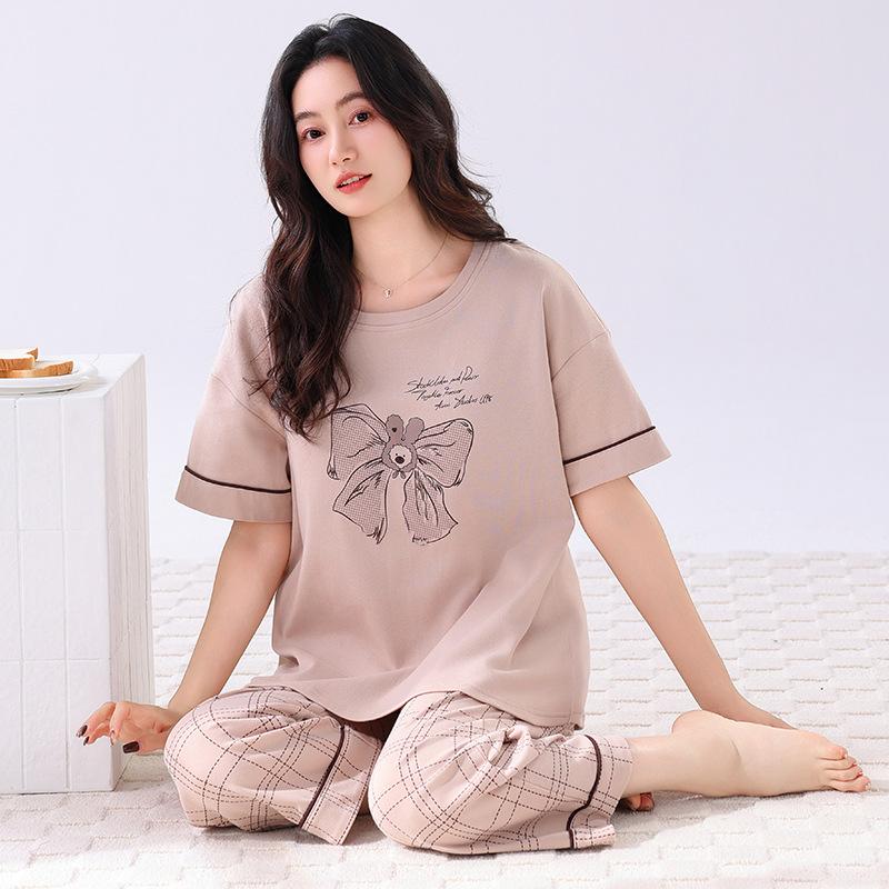 Pajamas women's summer pure cotton short-sleeved printed cropped pants thin cotton women's loungewear summer loose large size set