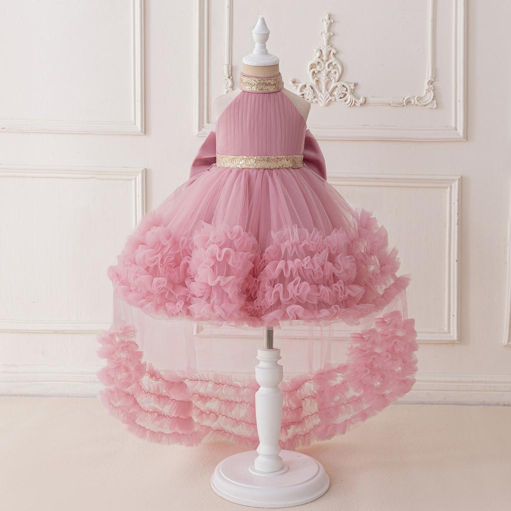 Kinderkleid Schleppen Prinzessinkleid Neckholder Mesh Tutu Rock Kuchenkleid Laufstegkleid Klavieraufführungskostüm
