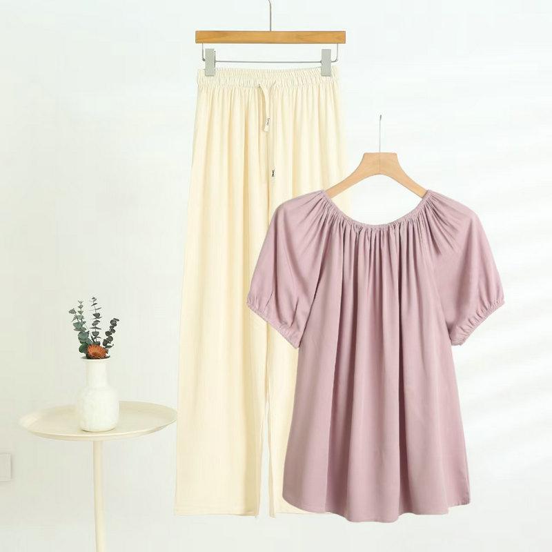 

Summer Women s Loose 2pcs suits 2-Way Wear Rayon Shirt Off Shoulder Tops Flattering Twill Rayon Casual Wide Leg Trousers 5XL