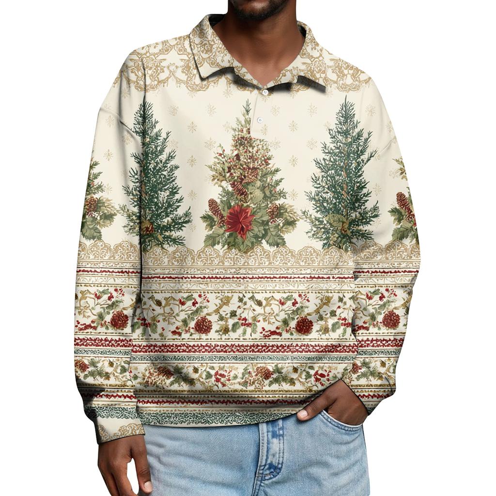 Men's Casual Christmas Print Button Long Sleeve Shirt