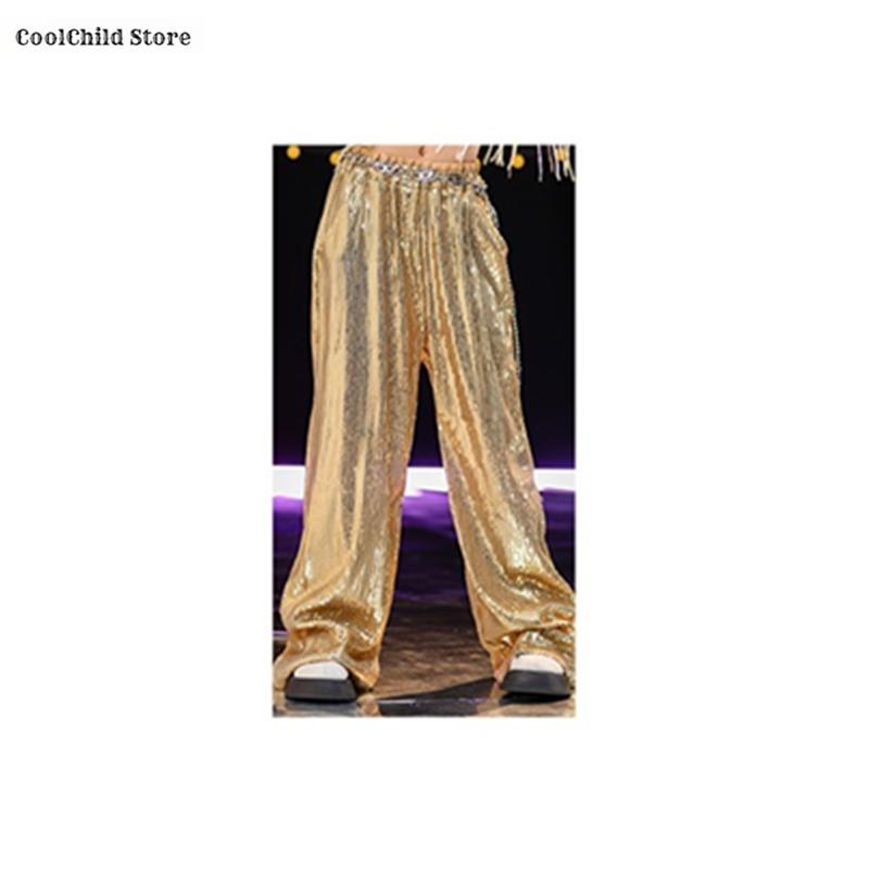 Hip Hop Meisje Glanzende Gouden Kwastjes Crop Top Pailletten Broek Kinderen K-pop Jazz Kleding Sets Kind Meisjesgroep Streetwear Podiumkostuums 140