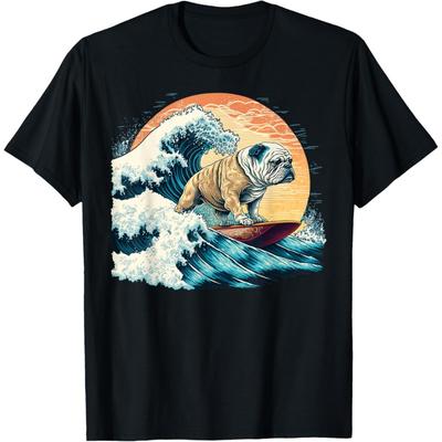 English Bulldog Surfing On the Great Wave of Kanagawa Men Women Girls Kids T-Shirt