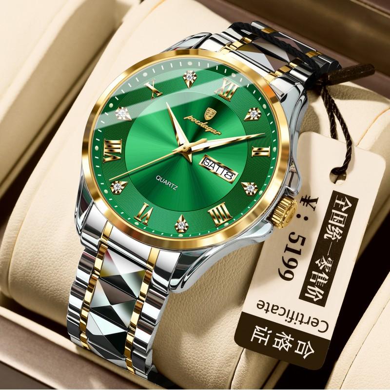 Mens Luxury Dual Calendar Quartz Watch With Luminous Hands Date Day Display Stainless Steel Band 42mm Round Dial