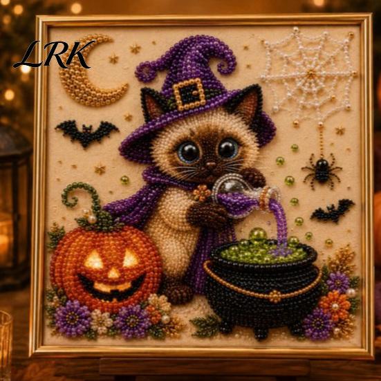 Halloween Home Decorations Witch Hat Cat DIY 3D Pearl Painting Kit with Frame, Hand-Pasted Art Craft for Adults, Relaxing Personalized Gifts