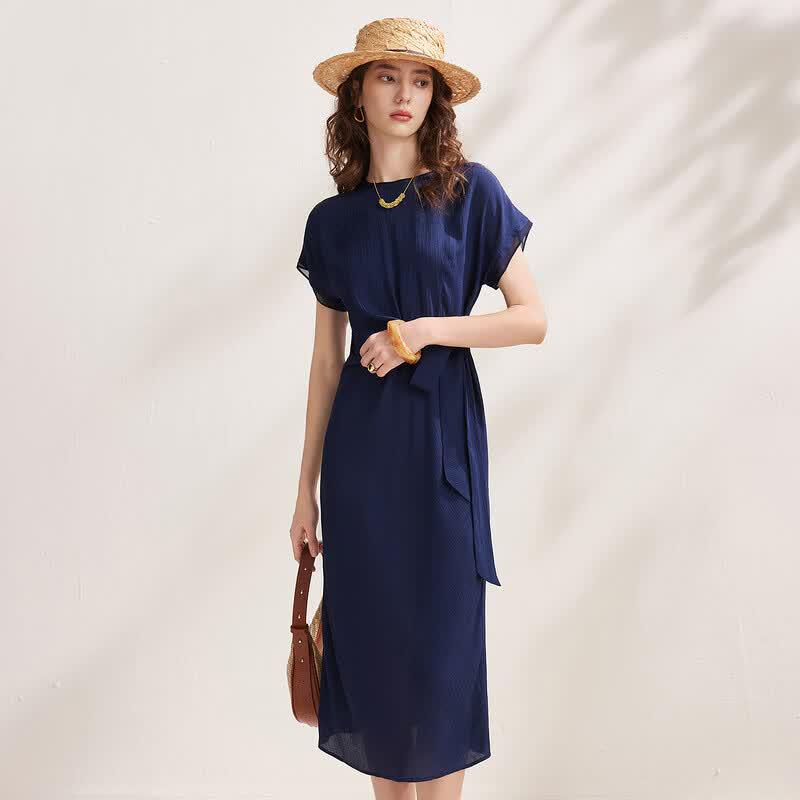 Zhaojun 2026 Summer Mulberry Silk Round Neck Tie-Waist Short Sleeve Midi Dress