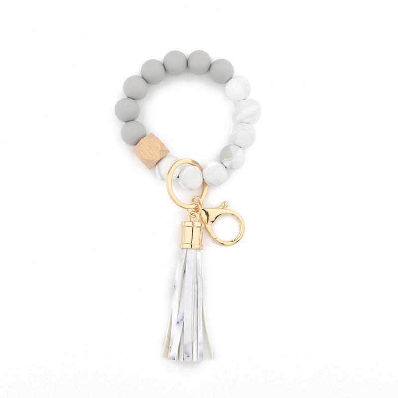 Silicone & Beech Wood Beaded Keychain Bracelet with Pendant