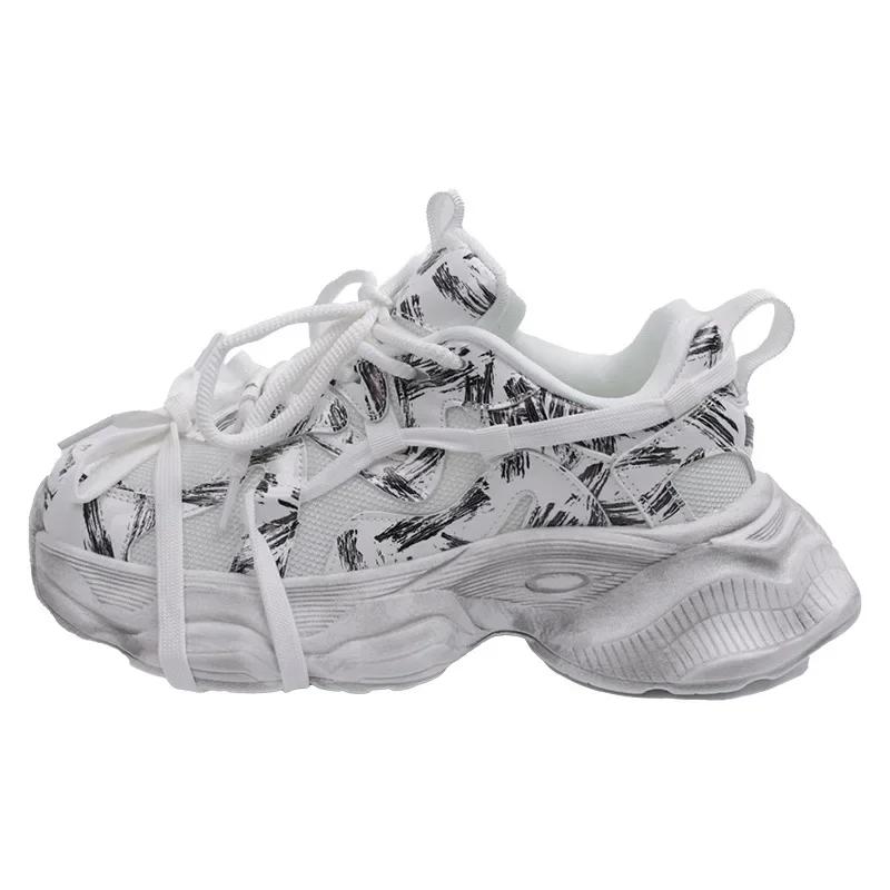 Men/woman Sneakers Black Shoes Graffiti Thick Sole Height Increasing Couple's Trendy Casual Shoes Lace Up Anti Slip Sports Shoes