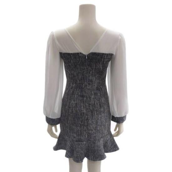 GRAXIA Tweed Mini Long Sleeve Chiffon Black and Size for Hostesses and Lounge Wear Women's Dress, Ruffles, White, Small, Hostesses,