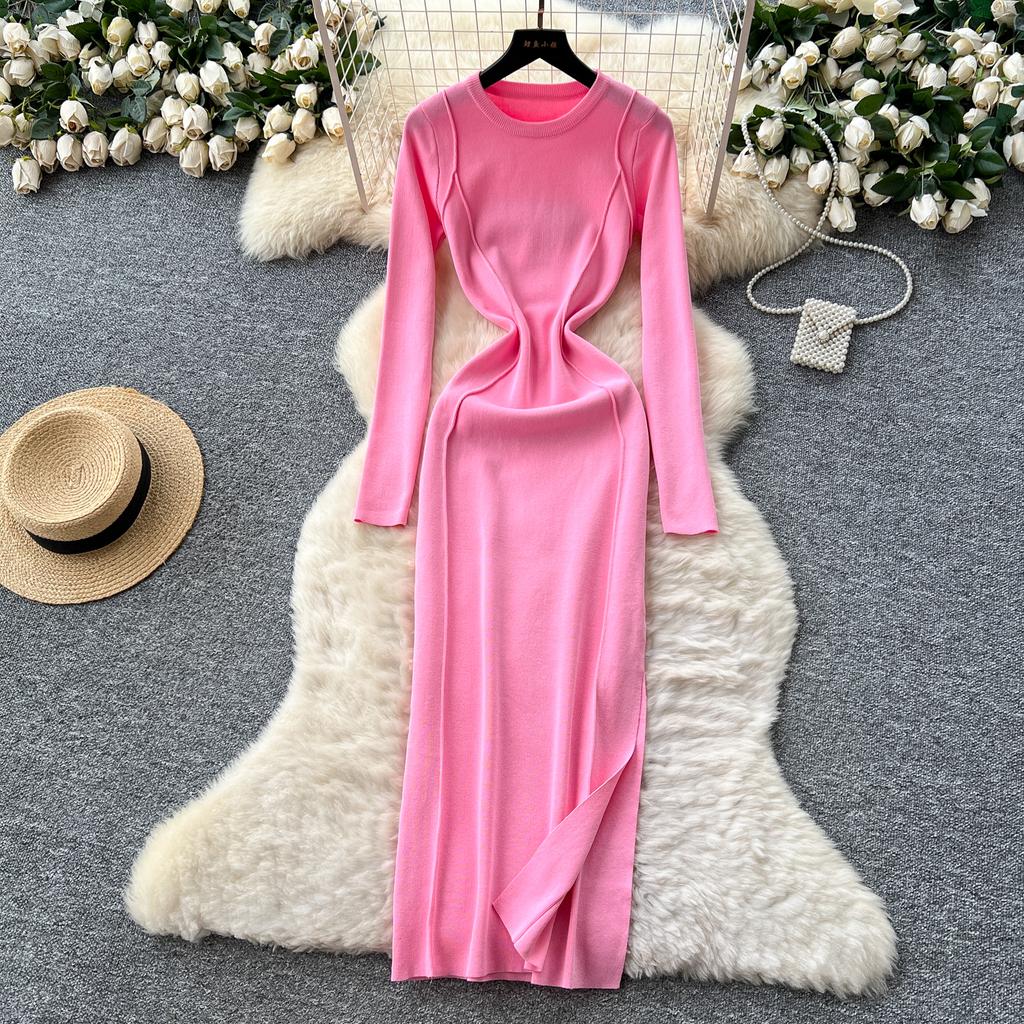 Split Slim Waist Dress for Women Autumn 2025 French Slim Fit and Slimming Elegant Knitted Bodycorn Dresses