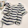 Textured Striped Short-sleeved T-shirt Women's Summer Clothes Unique Chic Top Korean Fashionable High-end T-shirt Embroidery