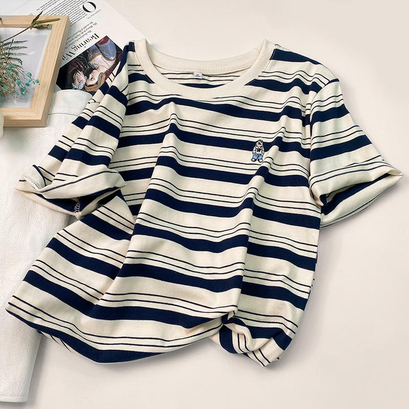 Textured Striped Short-sleeved T-shirt Women's Summer Clothes Unique Chic Top Korean Fashionable High-end T-shirt Embroidery