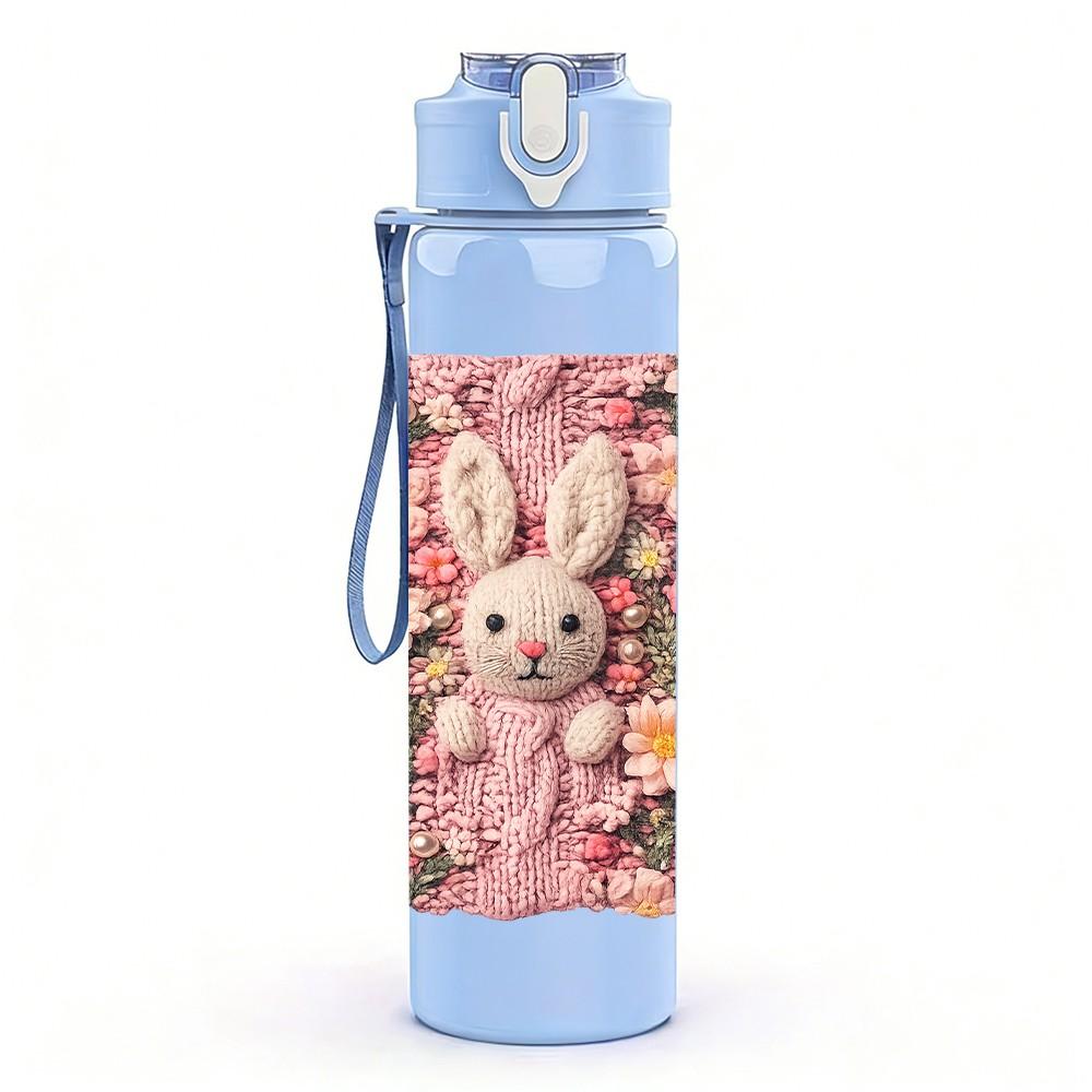 1PC Bunny Rabbit Inside Pink Flower Print 750ml Color Plastic Sports Water Bottle Leakproof Flip Straw Lid Suitable for Sports Office Home Use