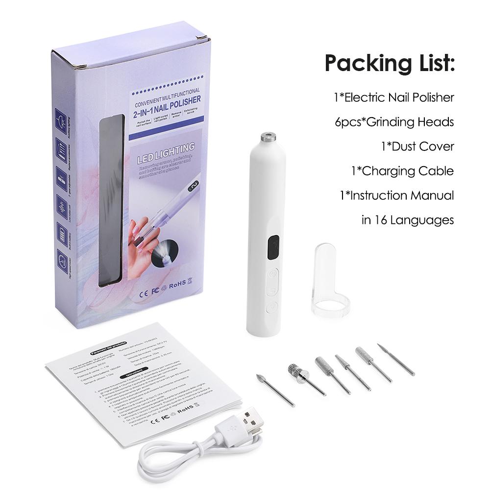 Cordless Electric Nail Drill with UV Lamp Nail Polishing Machine Kit Nail Grinder Polisher Drill Bits with 6 Grinding Heads белый