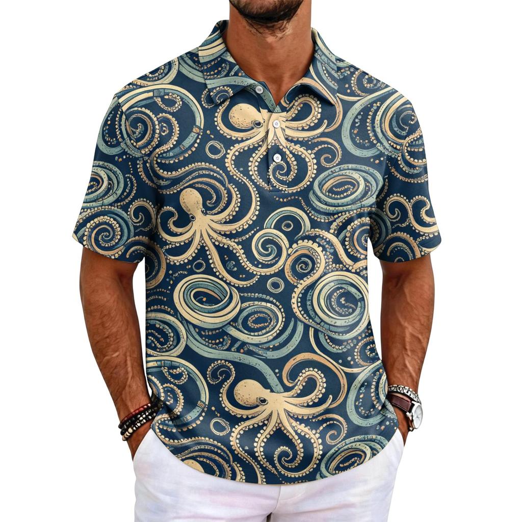 Men's Polo Shirt Short Sleeve Relaxed Fit Casual Top with Hawaiian Style Print and Lightweight Fabric for Daily Wear