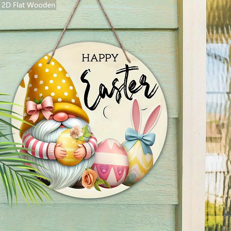 Happy Easter Wooden Sign with Adorable Gnome Pattern - Charming Decorative Hanging Plaque with Easter Bunny, Eggs Pattern - Ideal Easter Decorations