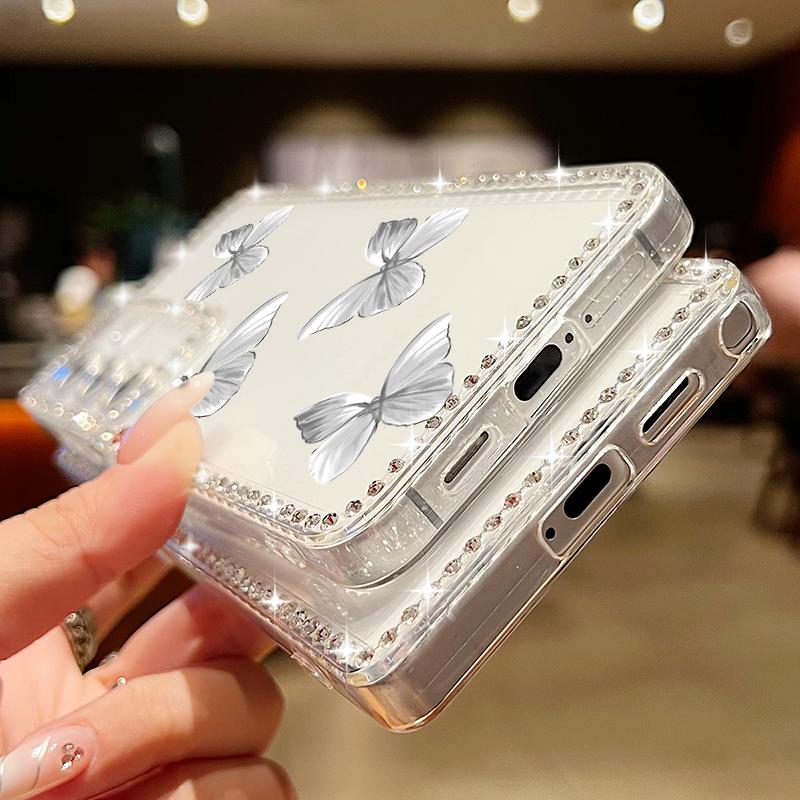 Butterfly Pattern Clear Phone Case For Samsung S25 Ultra S24 FE S23 S22 A56 A36 A16 A15 A55 A35 Diamond Frame Shockproof Soft Silicone Cover