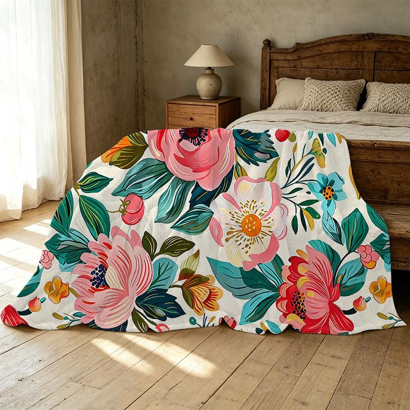 Lightweight Floral Flannel Throw Blanket Soft & Vibrant Cozy Cover for Home, Office Nap, Holiday Decoration (Christmas, Halloween)