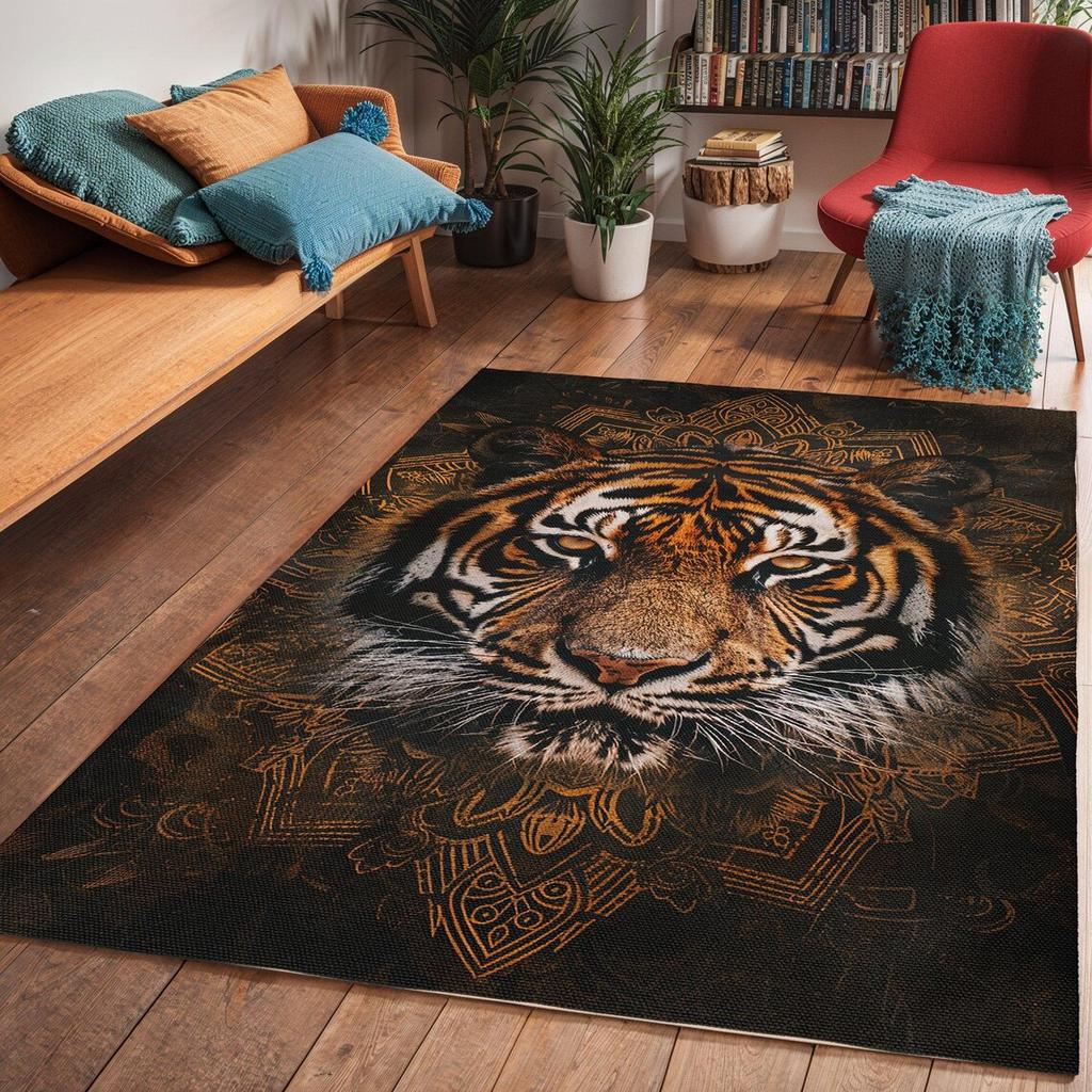 Modern Tiger Art Area Rug Safari Vibe Polyester Chenille Carpet Washroom Floor Mat Washable Dining Room Bedroom Decor Floor Rug