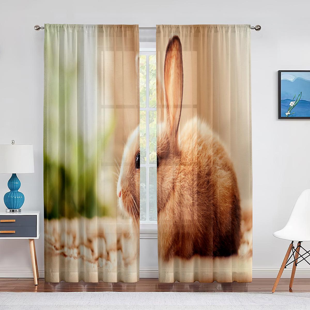 Прозрачные шторы с милыми котами и кроликами и маленькими животными для гостиной — фото 8