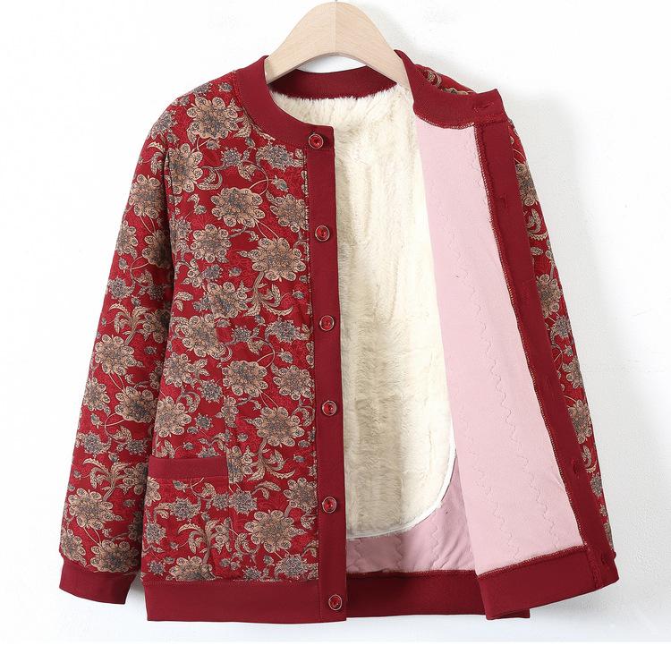 Abrigo de Algodón para Mujeres de Mediana Edad y Ancianas con Terciopelo Cálido Chaqueta de Algodón Floral para Madre para Invierno Nuevo Cárdigan Base Chaqueta de Algodón Floral Pequeño