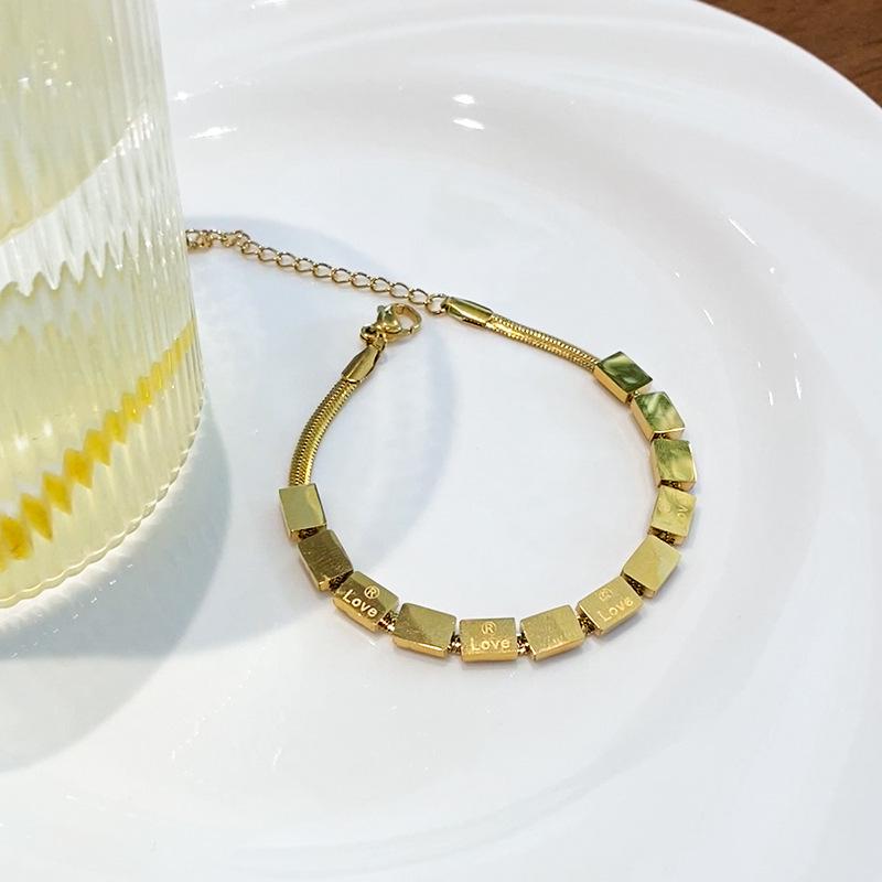 Women's Gold Small Square Beaded Titanium & Stainless Steel Bracelet