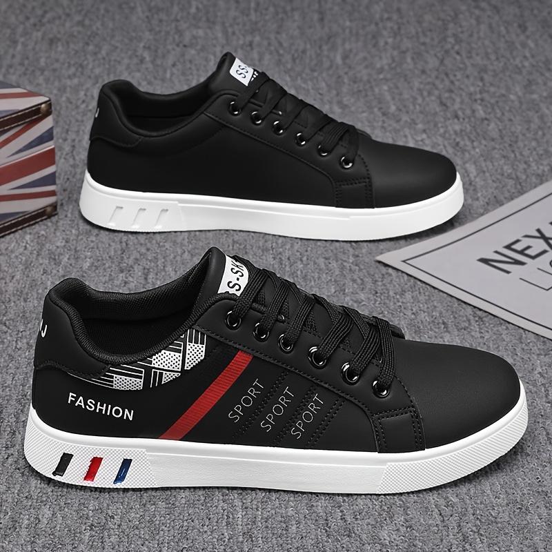 Men's Lace-Up Sneakers - White with Blue & Red Stripe Design, Breathable PU Upper, Durable PVC Sole, Comfortable Casual Shoes for Casual Attire