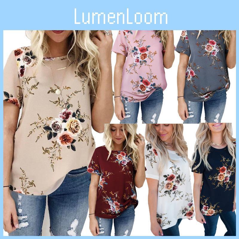 Elegante Sommer Damen Bluse Blumendruck Kurzarm Locker Lässige T-Shirt Tops