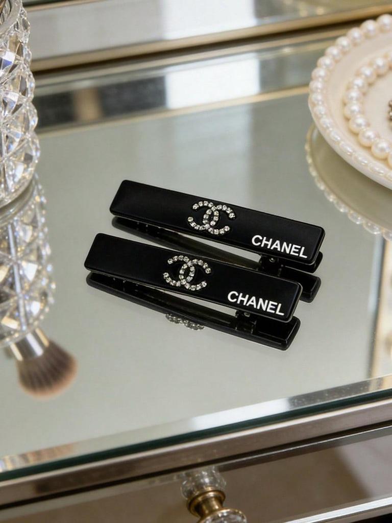 Chanel Rhinestone CC Logo Hair Barrettes, Black Elegant Hair Clips, Luxury Brand Beauty Accessories Hair Pins