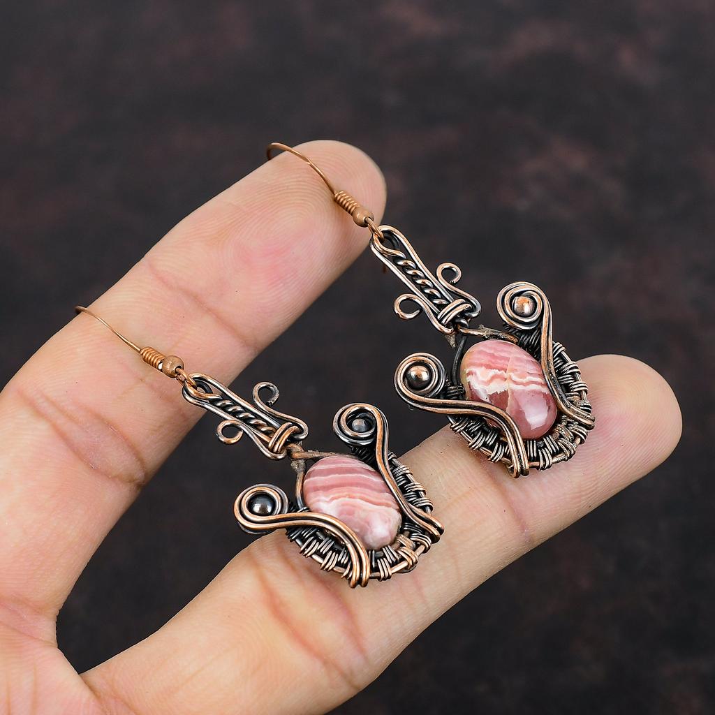 Rhodochrosite Earring Copper Wire Wrapped Earrings Gemstone Copper Jewelry Handmade Earring Unique Style Earring For Gift Wire Wrap Jewelry