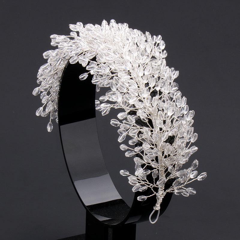 European Style White Crystal Beaded Rhinestone Crown Hairpiece for Bride Wedding Dress Decorations
