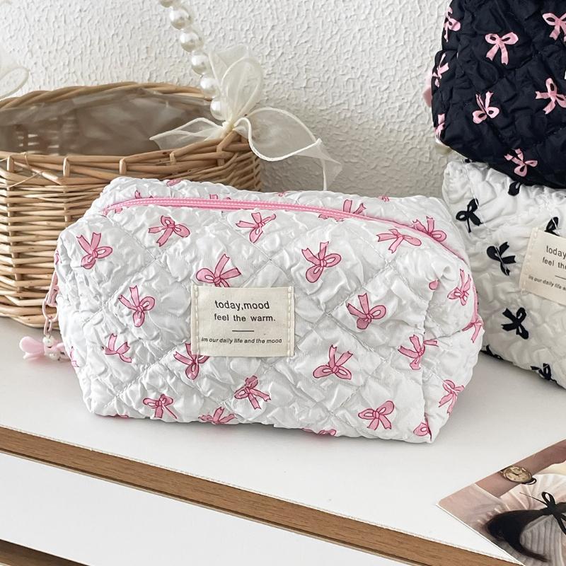 Módny štvorcový dámsky clutch taštička na make-up prenosná roztomilá dámska kozmetická toaletná taštička kabelka so zipsom s potlačou mašle