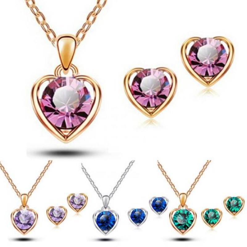 Women's Fashion Jewelry Heart Pendant Necklace Ear Studs Earrings Set