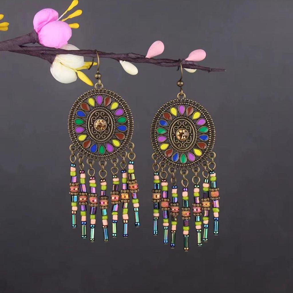 Bohemian Turquoise Owl Dream Catcher Tassel Earrings for Women