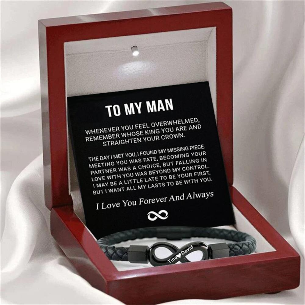 To My Man,Personalized Dual Name Infinity Leather Bracelet,Custom Name Stainless Steel Bracelet Valentine Christmas Gift for Him