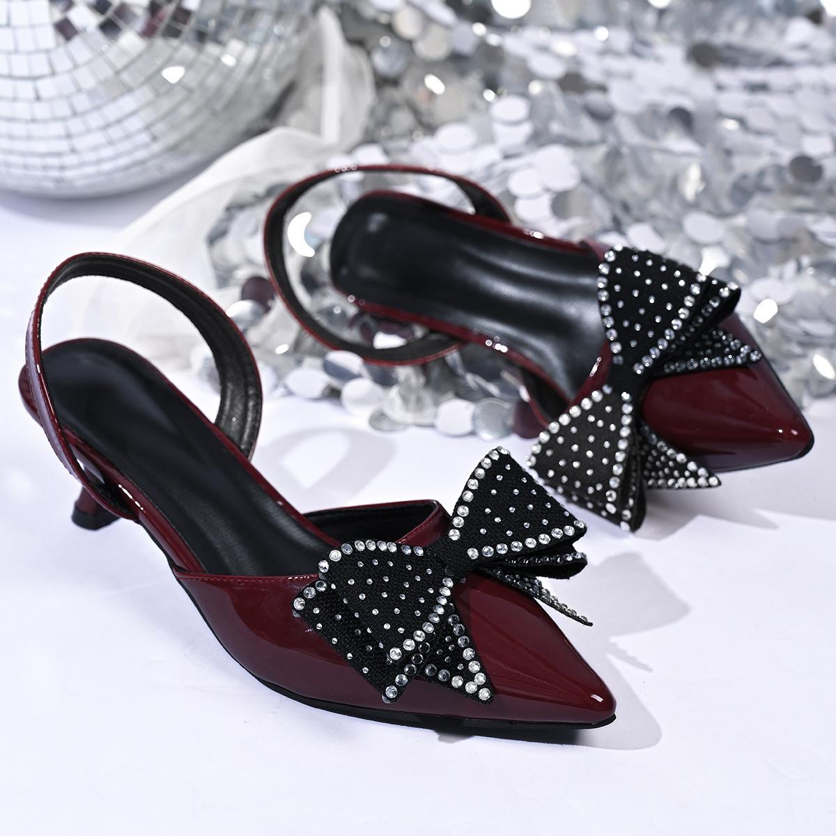 

Большие размеры, босоножки на высоком каблуке, лето 2025, новая сумка-головка, тонкий каблук, стразы, бант, высокие каблуки, женские 43