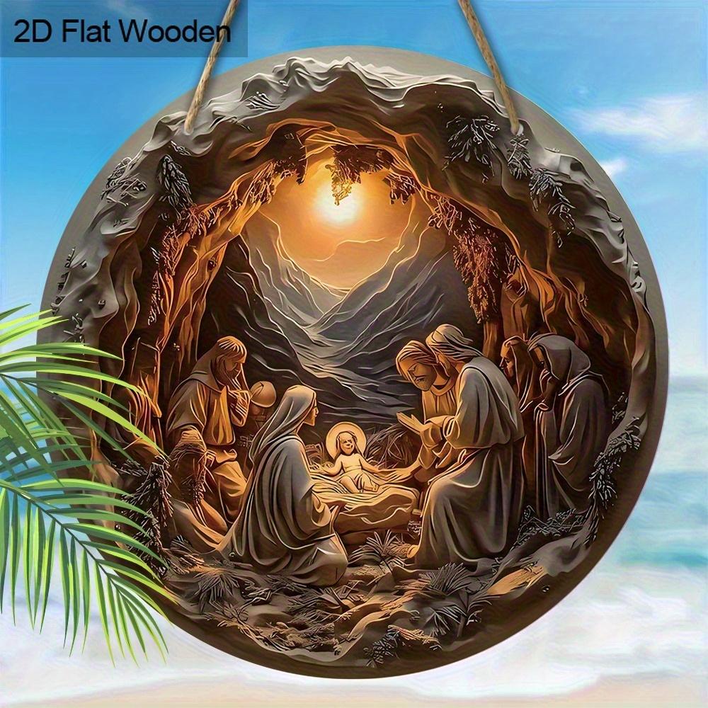 2D Flat 1pc The Birth of Jesus Hanging Sign Wall Decor, Vintage Nativity Scene Wooden Sign, Relief Effect of Guard Jesus Round Sign for Church Front