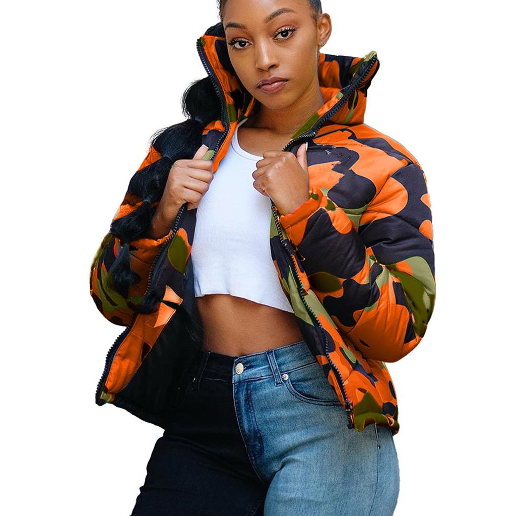 Unisex Long Sleeve Glossy Camouflage Bread Down Jacket Zipper Pockets Coat