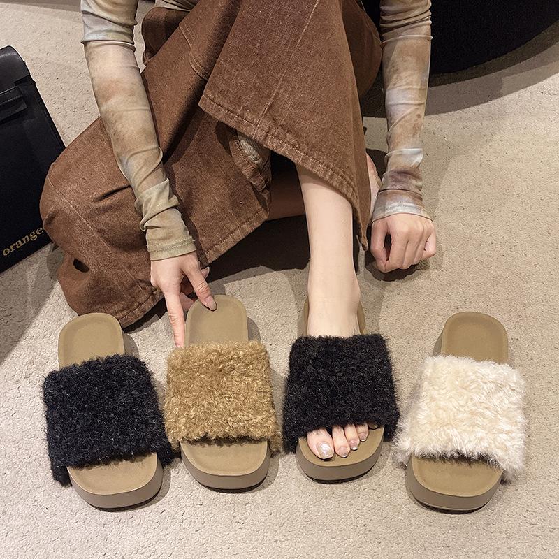 Furry Thick-soled One-word Slippers for Women's Outer Wear 2025 New Autumn and Winter Thick-soled Household Indoor Fluffy Cotton Slippers