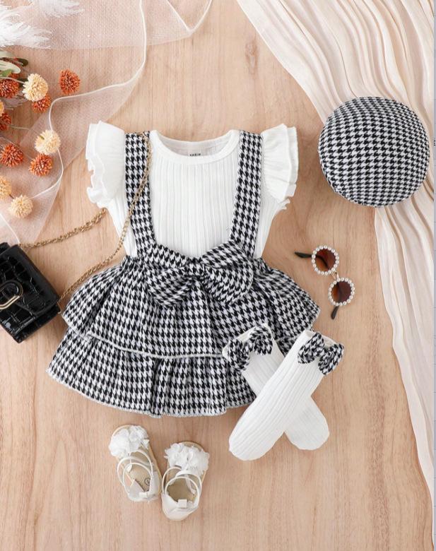 2026 New Girls Outfit Set, Flutter Sleeve Top with Plaid Suspender Dress, Socks and Hat 4-Piece Set, Baby Romper S&6-9m