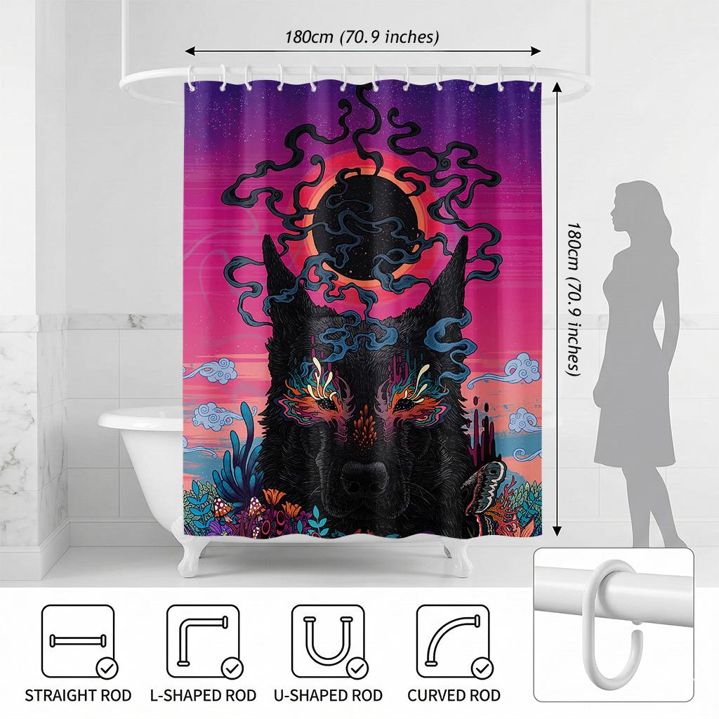 Psychedelic German Shepherd Shower Curtain, Surreal Dog Solar Eclipse Bathroom Decor, Fantasy Animal Art Fabric Bath Curtain