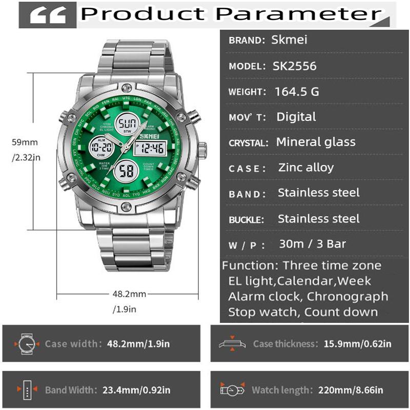 Skmei Military Sports Watches for Mens Analog Digital Display LED Waterproof Chronograph Three Time Zones Quartz Calendar Watch