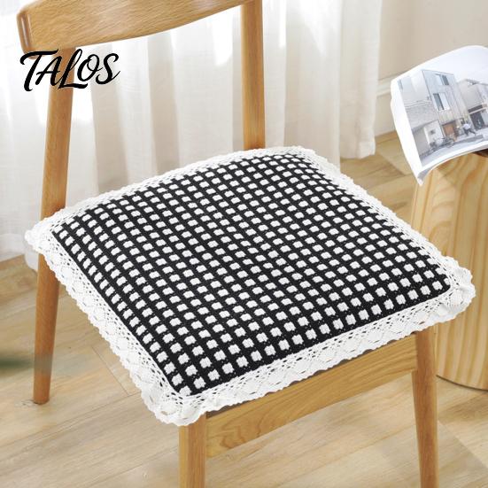 Thin Seat Pad for Home Cotton Linen Chair Pad, Striped Plaid Dining Mat with Lace Trim, Lightweight Wood Chairs Breathable Ties Office Barstool